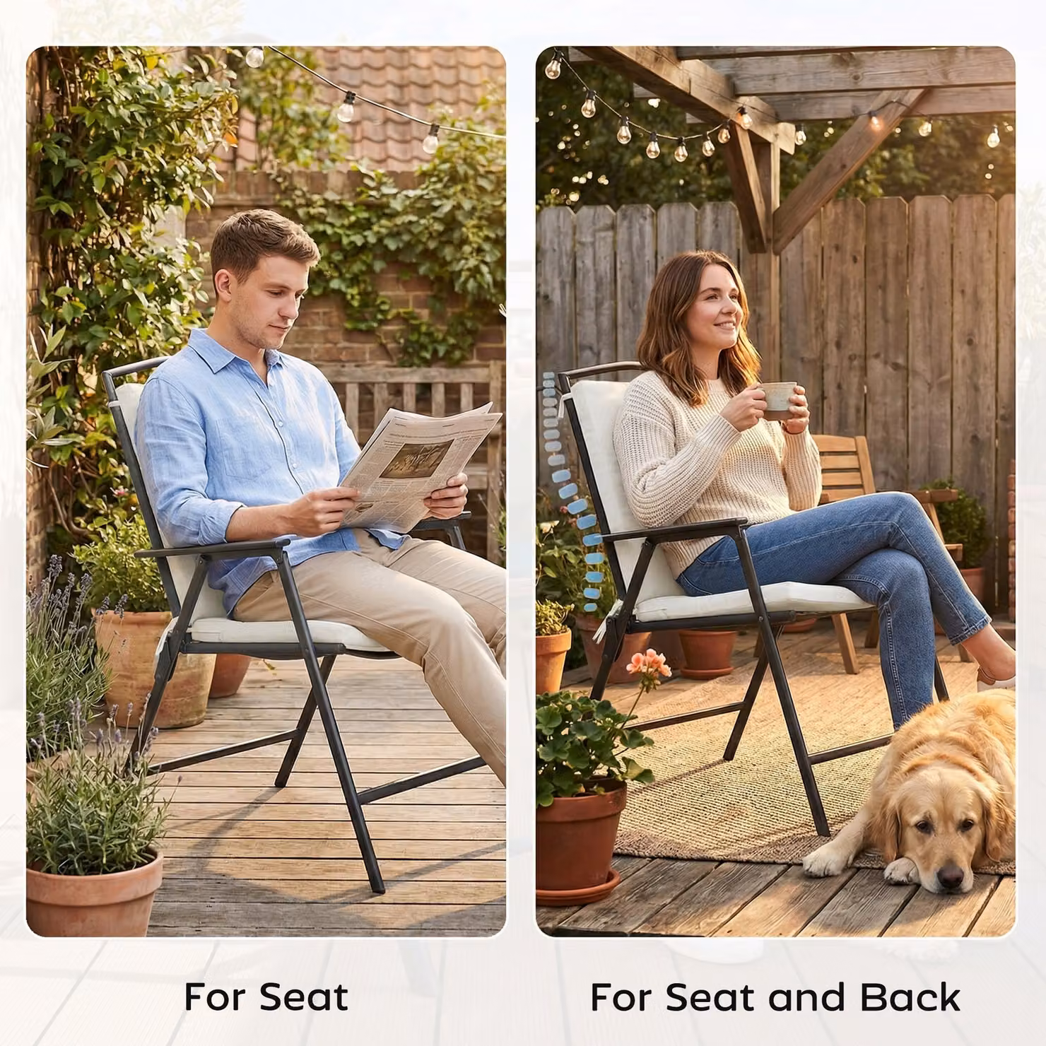 Outsunny Set of 2 Waterproof Outdoor Seat Cushions with Ties, Cream White Rectangular Foam Garden Seat Pads with Removable Washable Covers – 4