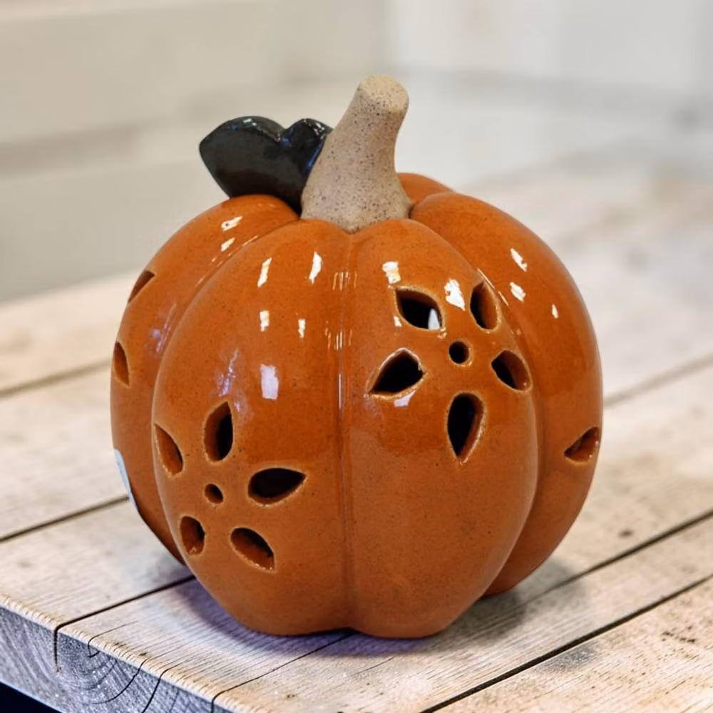 Four Candle Ceramic Pumpkin LED Timer Decoration with Cutout Detail in Orange – 2