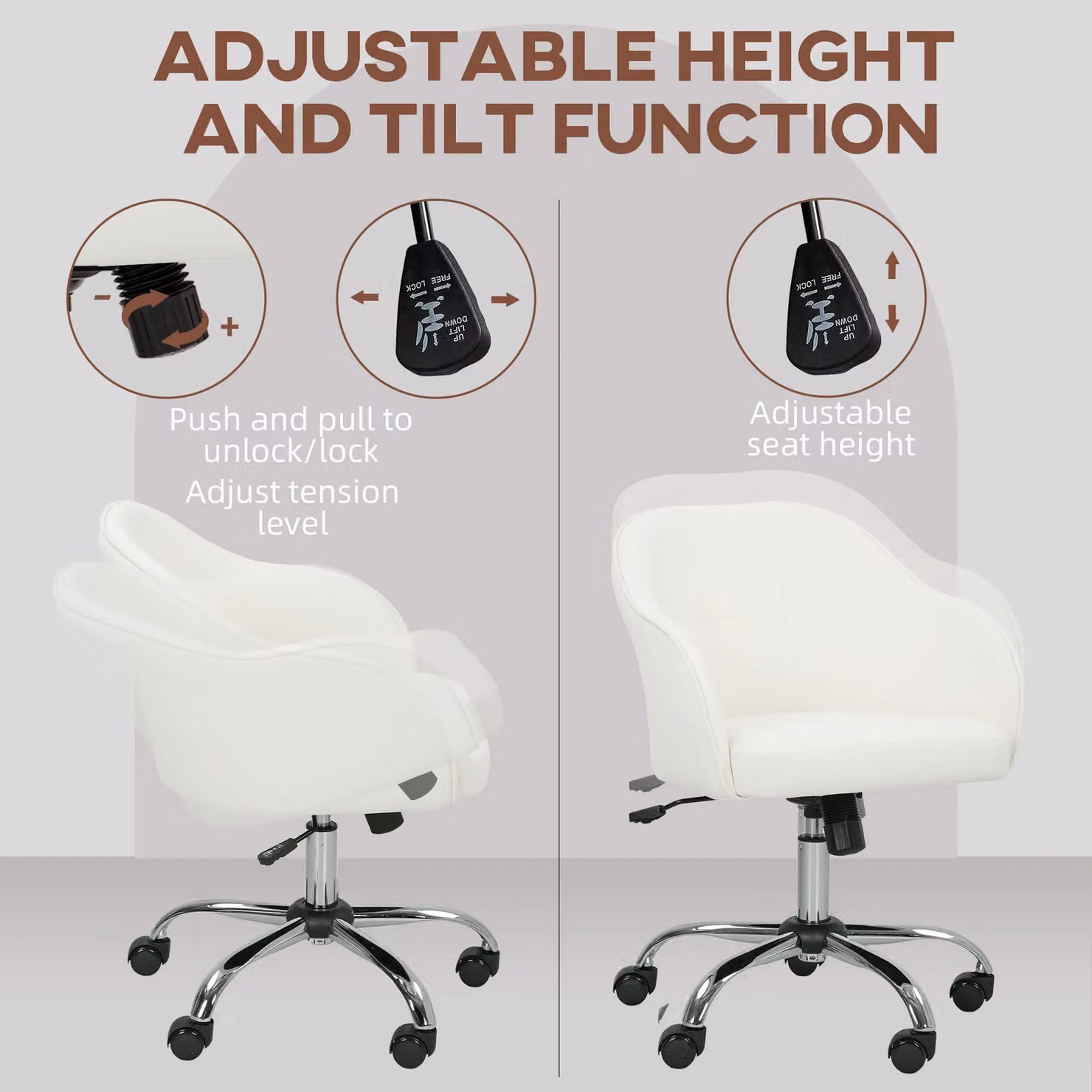 HOMCOM Swivel Velvet Task Chair for Home Office and Bedroom, Beige White – 3