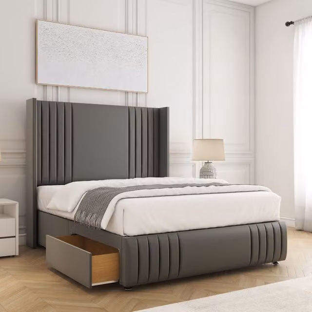 BSSPOKE Peyton Small Double Divan Bed Set in Grey Velvet with 54 inch Headboard, 2 Drawers, Footend and Mattress, W/D/H: 120 x 200 cm