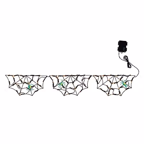 Lights4fun Black and Amber LED Spider Web Hanging Decoration, Battery Operated with Timer – 2