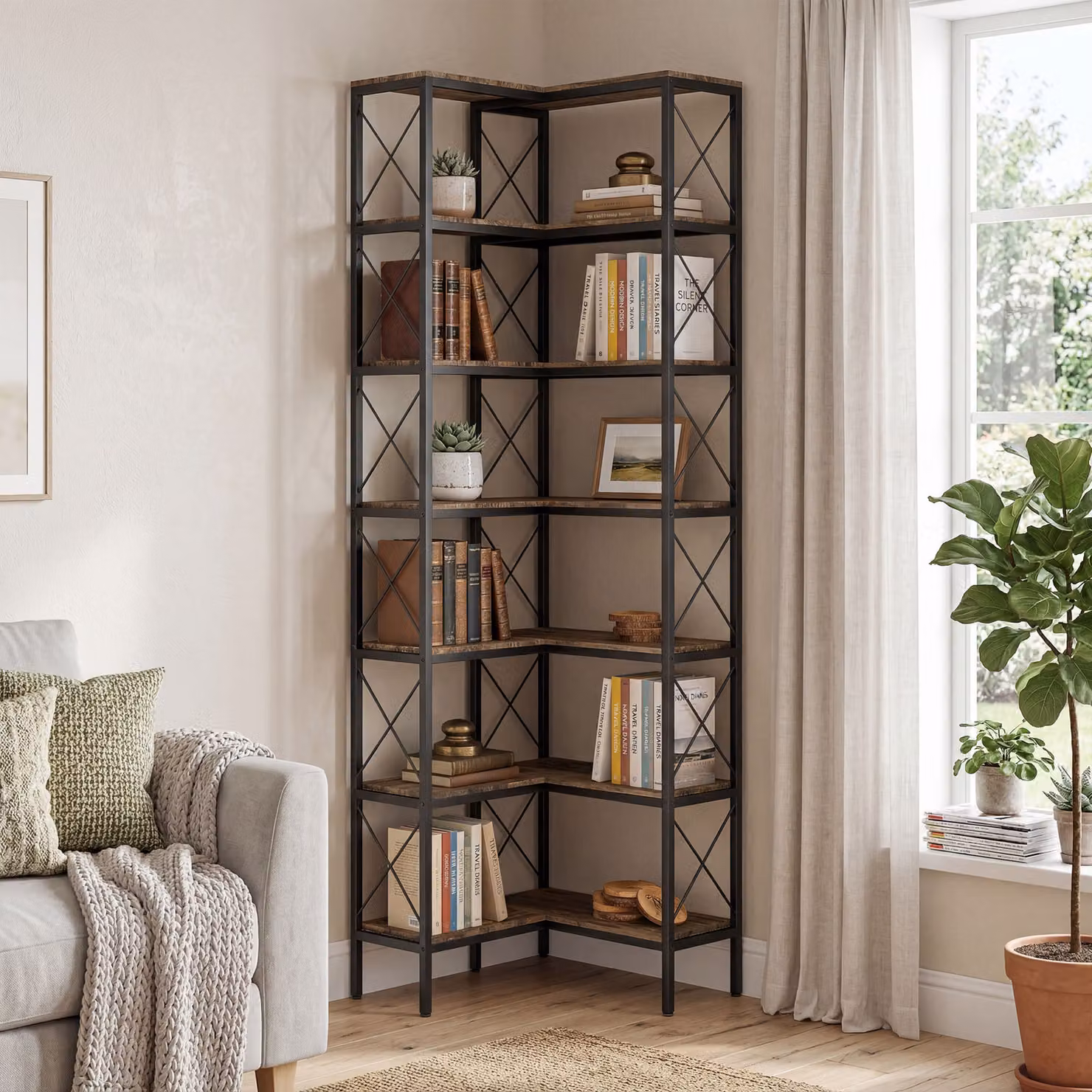 HOMCOM 6-Tier L-Shaped Freestanding Corner Bookshelf with Metal Frame in Rustic Brown – 2