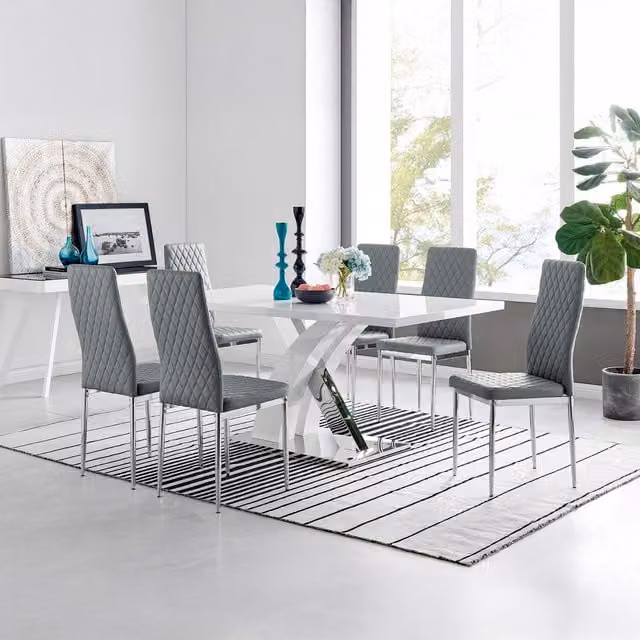FurnitureboxUK Atlanta Modern Rectangular High Gloss White Dining Table and 6 Milan Chairs Set in Grey