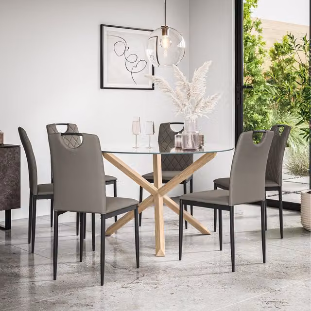 More4Homes Malvern Round Glass Dining Table Set with Oak Legs and 6 Grey Monza Faux Leather Chairs, Diameter: 120 cm, Height: 75 cm