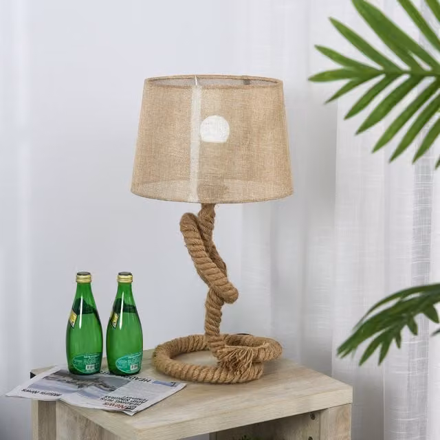 HOMCOM Nautical Style Rope Base Table Lamp in Beige and Yellow