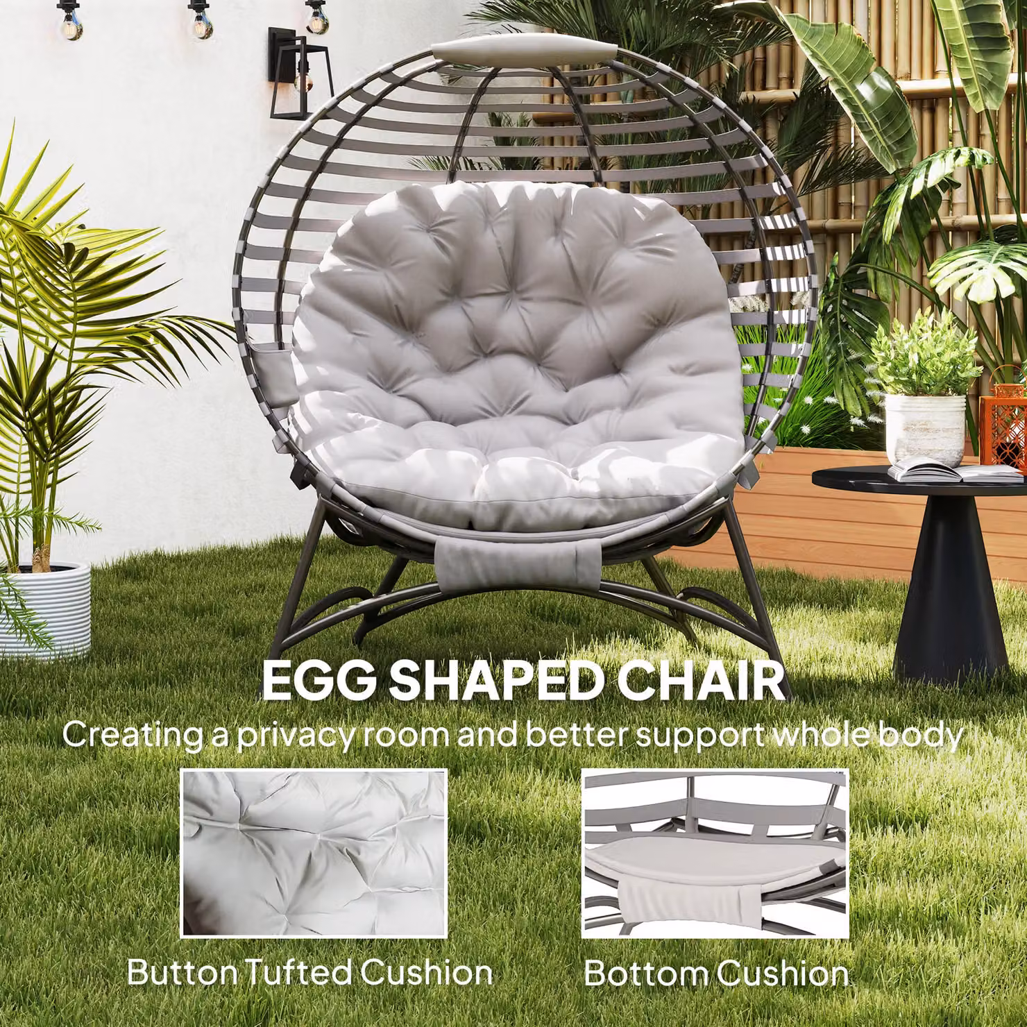 Outsunny Egg Lounge Chair with Upholstered Cushions and Powder Coated Steel Frame, Grey – 8