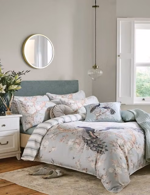 Laura Ashley Belvedere Reversible Floral Cotton Sateen Bedding Set, Duck Egg Blue, Duvet Cover 200 x 200 cm