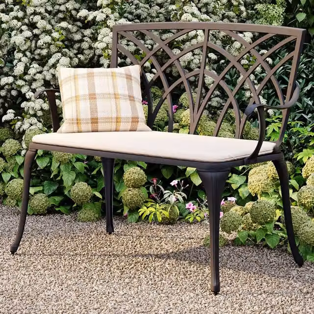 Charles Bentley Black Cast Aluminium 2 Seater Garden Bench with Cream Seat Cushion, W/D/H: 98 x 89 x 55 cm – 1