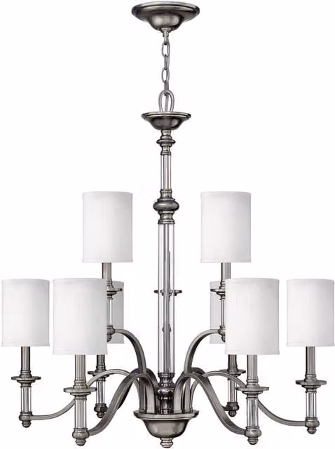 Elstead Sussex 9 Light Multi Arm Chandelier in Brushed Nickel with Glass and Fabric Shades