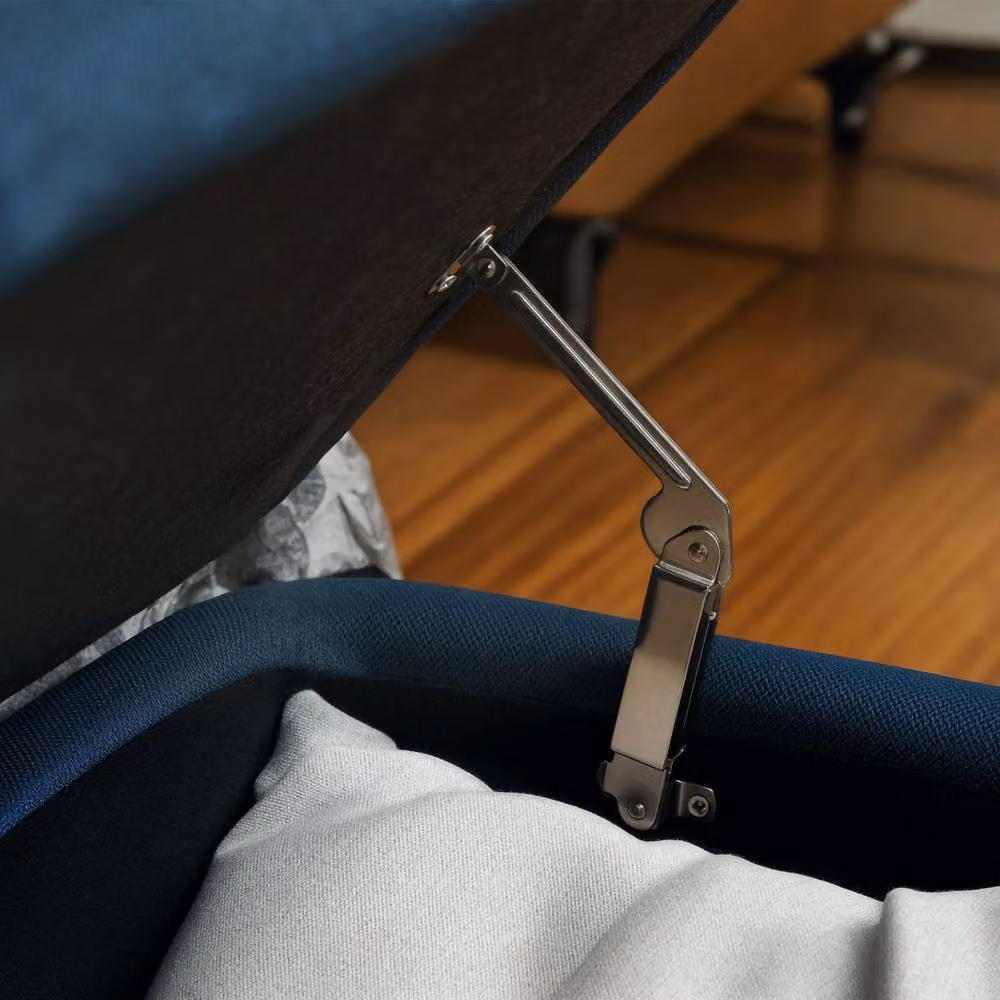 Wyld Haus Sudina Rectangle Storage Ottoman in Dark Blue Linen Look Fabric with Metal Frame – 8