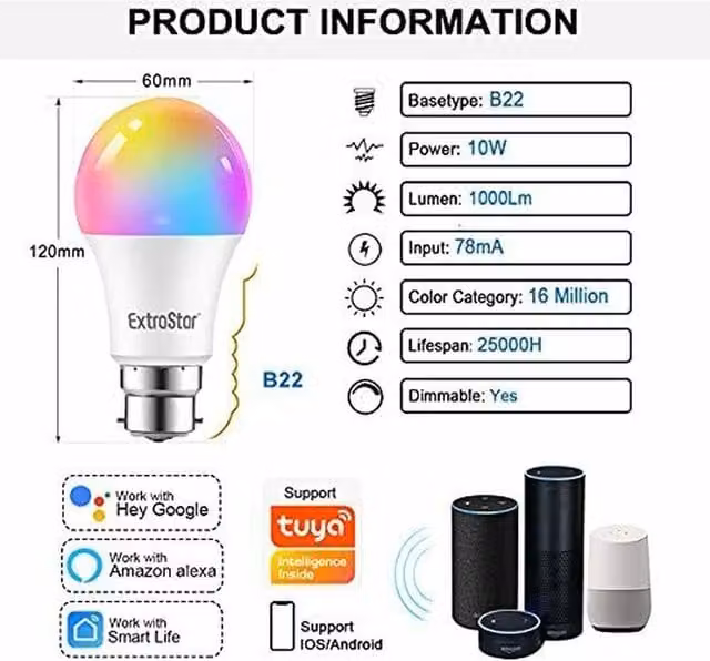 ExtraStar A60 Smart LED WiFi RGB Bulb in White and Multicolour, Compatible with Amazon Alexa and Google Assistant
