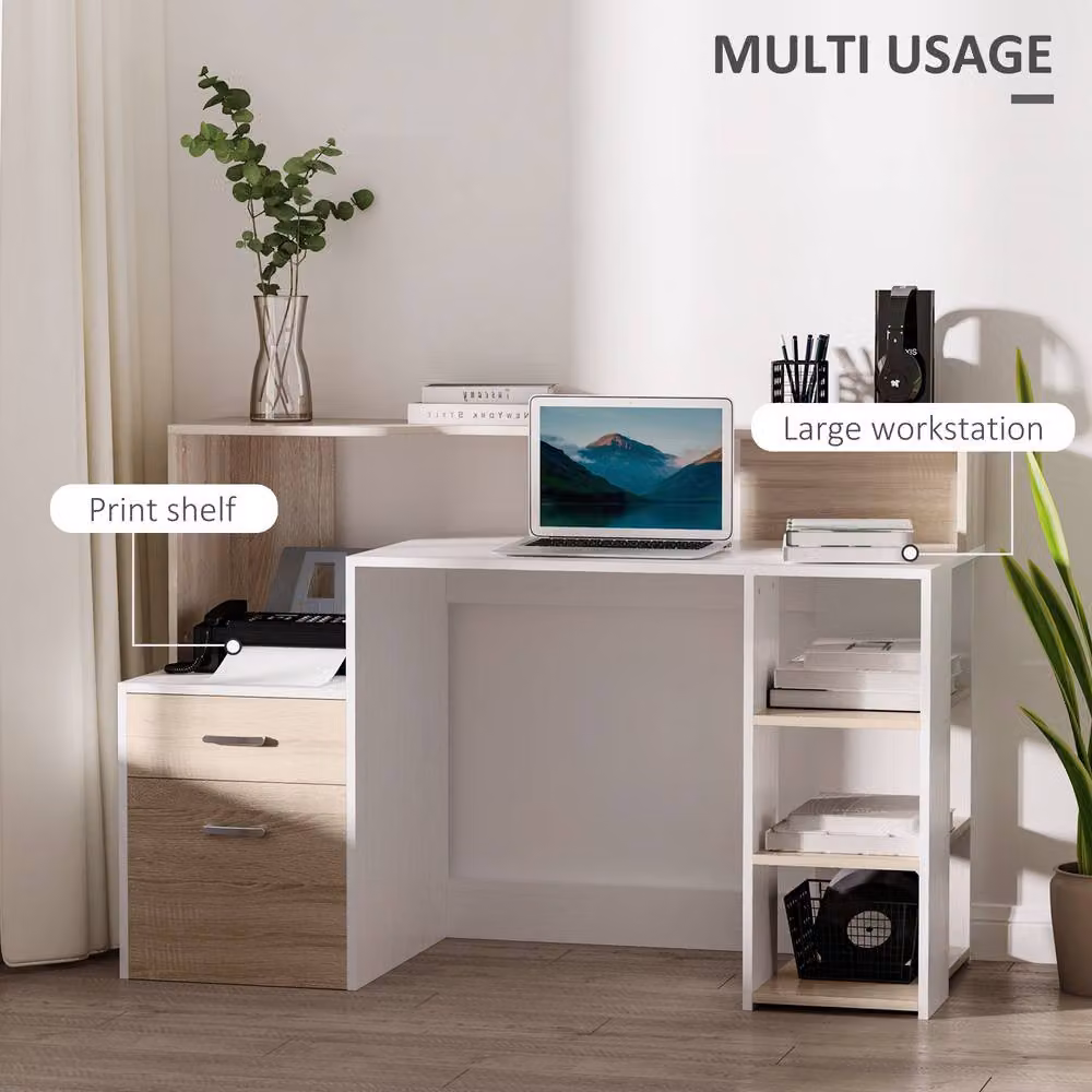 STILVORA Modern Writing Desk with Drawers and Storage Shelves in White and Beige, W/D/H: 137.0 x 92.0 x 50.0 cm – 4