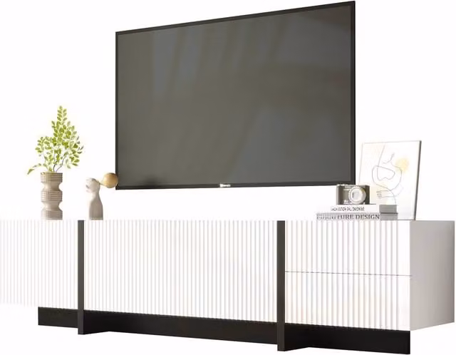 BTM Modern Glossy White and Gold TV Cabinet with 3 Doors and 2 Drawers, W: 190 cm, D: 35 cm, H: 45 cm – 1