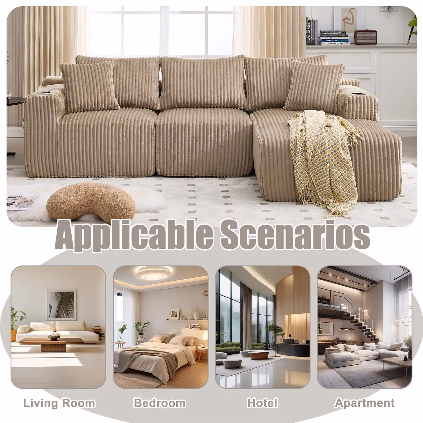Aosom UK Modular L-Shaped Sectional Sofa in Khaki with Plush Corduroy Upholstery and Deep Seats, W/D/H: 257 x 160 x 80 cm – 3