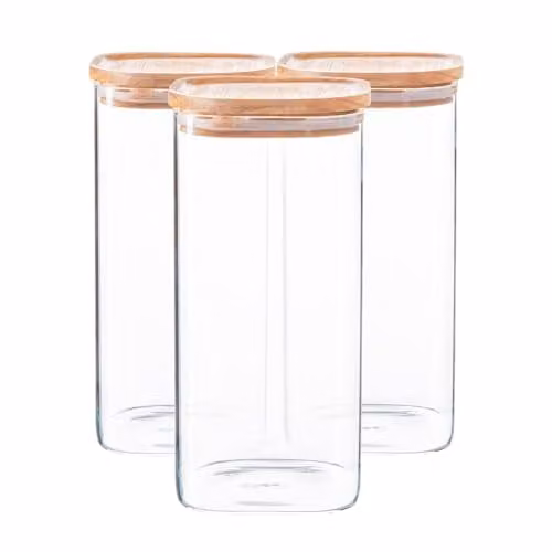 Argon Tableware 6 Pack Square Glass Storage Jars with Airtight Wooden Lids, 1.5 l, Transparent