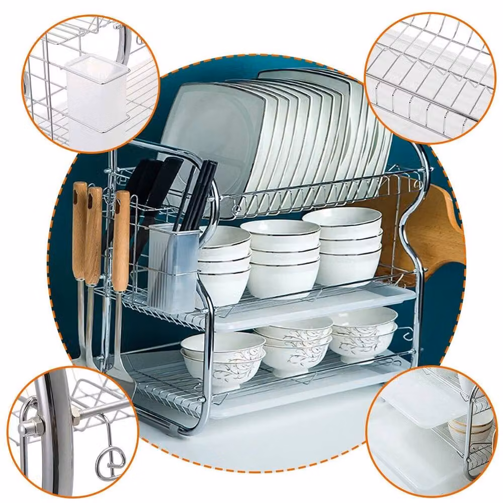 NESTLUNE 3 Tier Stainless Steel Bowl and Dish Drainer Rack with Cutlery Holder in Silver – 2