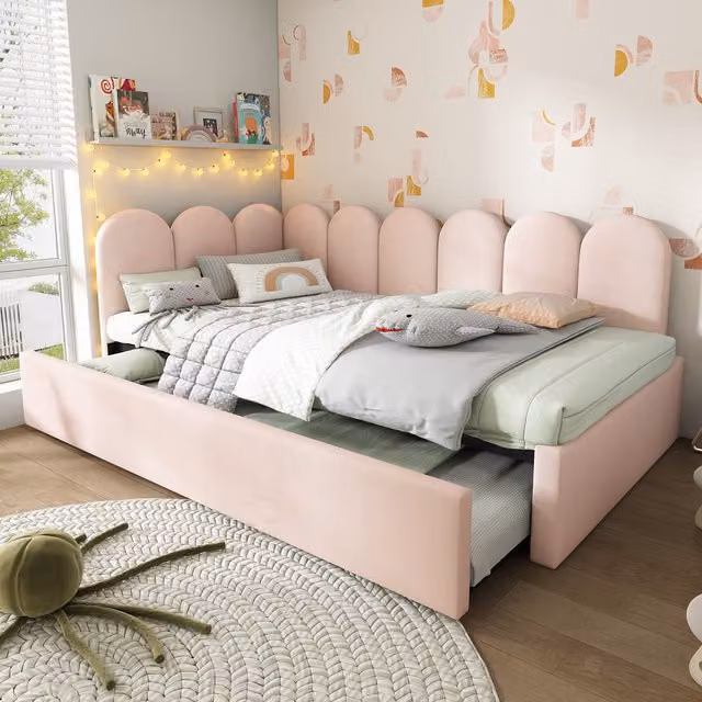 Aosom UK Pink Velvet Upholstered Single Daybed with Pull-Out Bed and Slatted Frame, W: 97 cm, D: 193 cm, H: 76 cm – 1