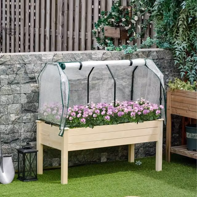 Outsunny Raised Wooden Garden Bed with PE Cover in Natural Wood Colour