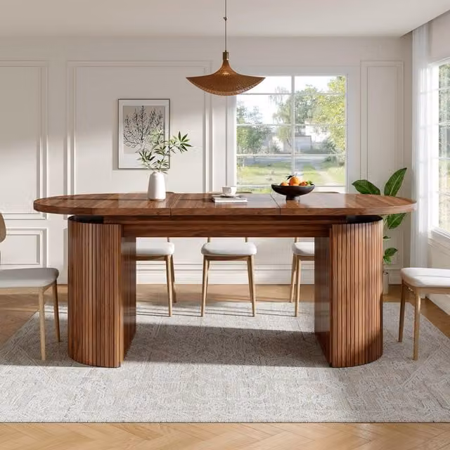 Aosom UK Extendable Walnut Dining Table with Vertically Grooved Legs and Storage Compartment, W: 80 cm, D: 160 cm, H: 76 cm