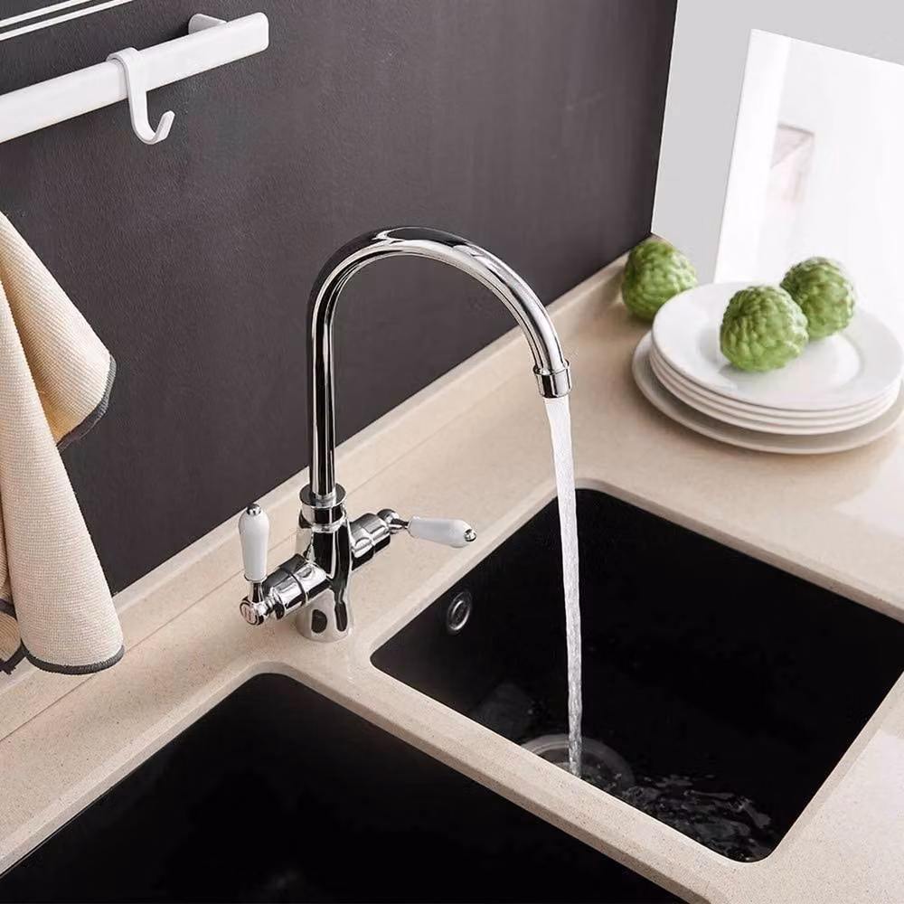 Hinsinc Traditional Twin Lever Kitchen Sink Mixer Tap in Silver Chrome with Swivel Spout – 3