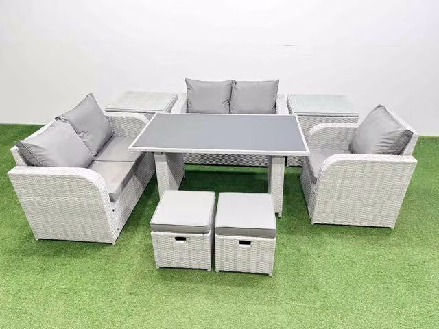 Fimous 7 Seater Outdoor Furniture Set in Light Grey with Love Sofa, 2 Side Tables and 2 Stools