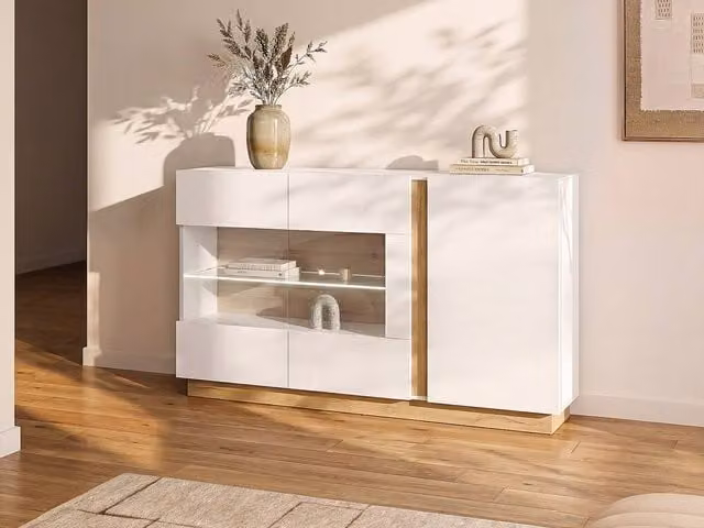 Vente-unique MURARI 3-Door Sideboard with Integrated LED Lighting in High Gloss White and Light Oak, W/D/H: 138.2 x 40.0 x 90.5 cm – 1
