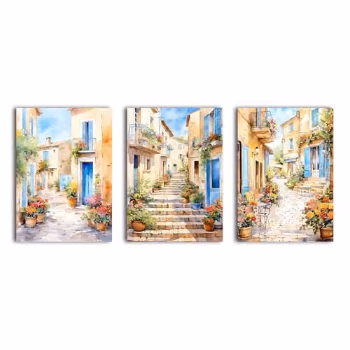 Simpa Multicolour and Gold Rustic City Landscape 3 Panel Canvas Wall Art – 1
