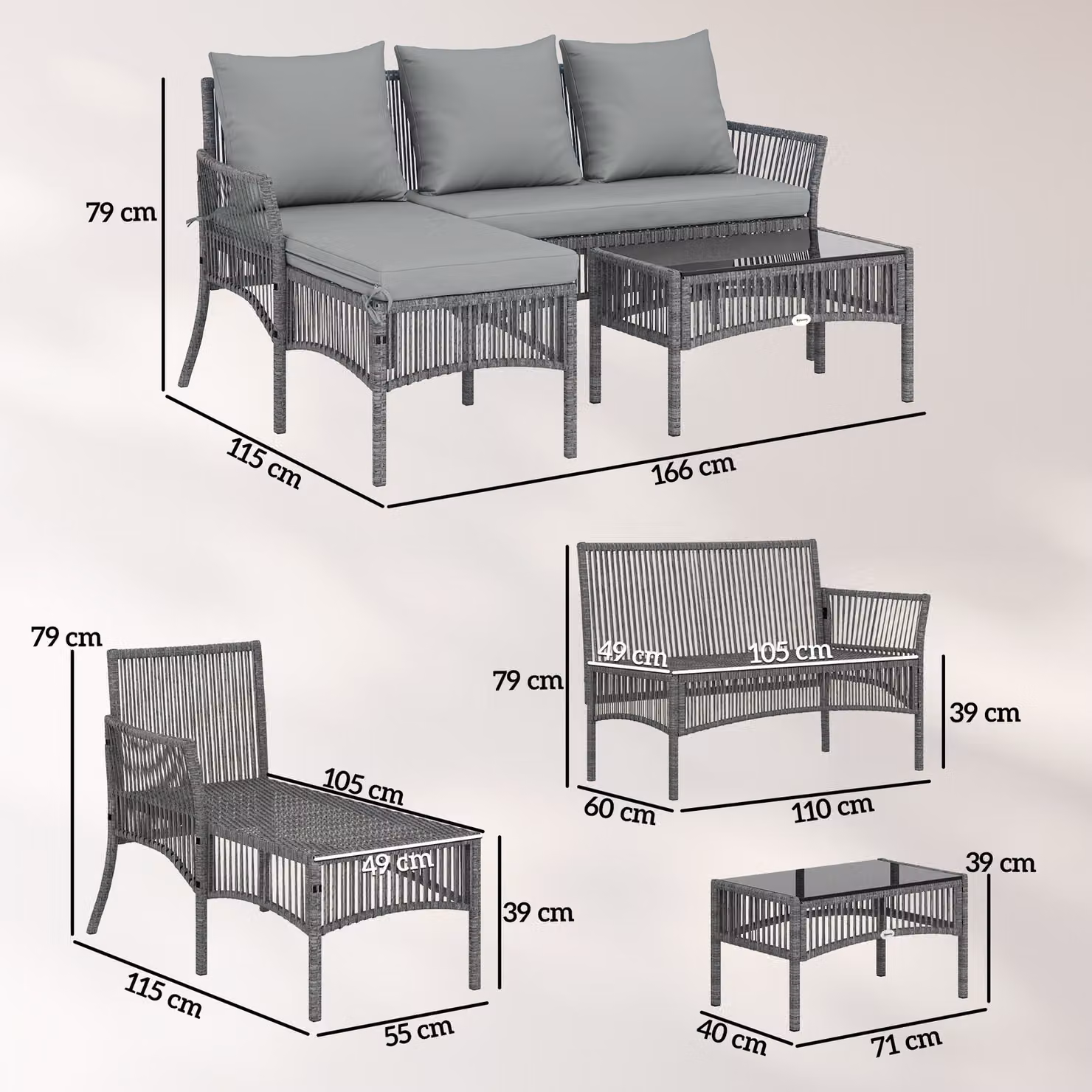 Outsunny 3 Piece Rattan Garden Furniture Set in Dark Grey with Corner Sofa, Loveseat, Chaise Lounge and Glass Coffee Table – 3