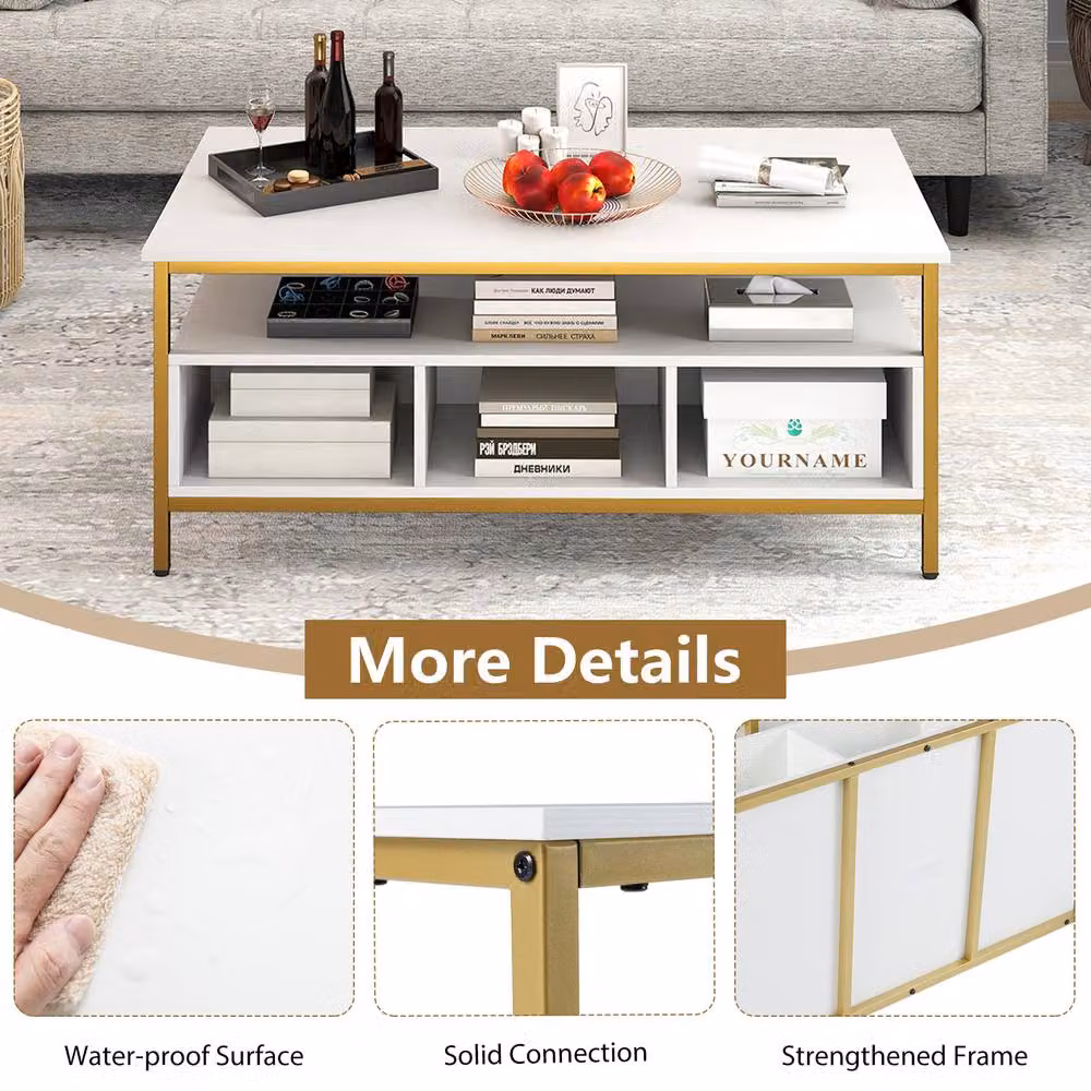 Gymax 3-Tier Rectangular Coffee Table with Shelf, White Metal and Wood Frame – 5