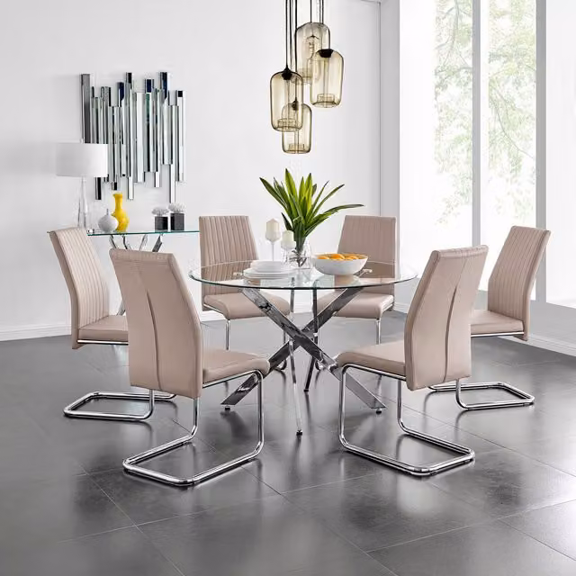 FurnitureboxUK Novara Round Glass Dining Table and 6 Lorenzo Chairs Set in Silver and Cappuccino