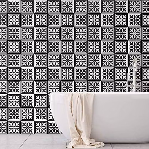 WALPLUS 24 Pcs Emma Monocromatic Black Victorian Tile Stickers, Self-Adhesive Vinyl Backsplash, 15 x 15 cm