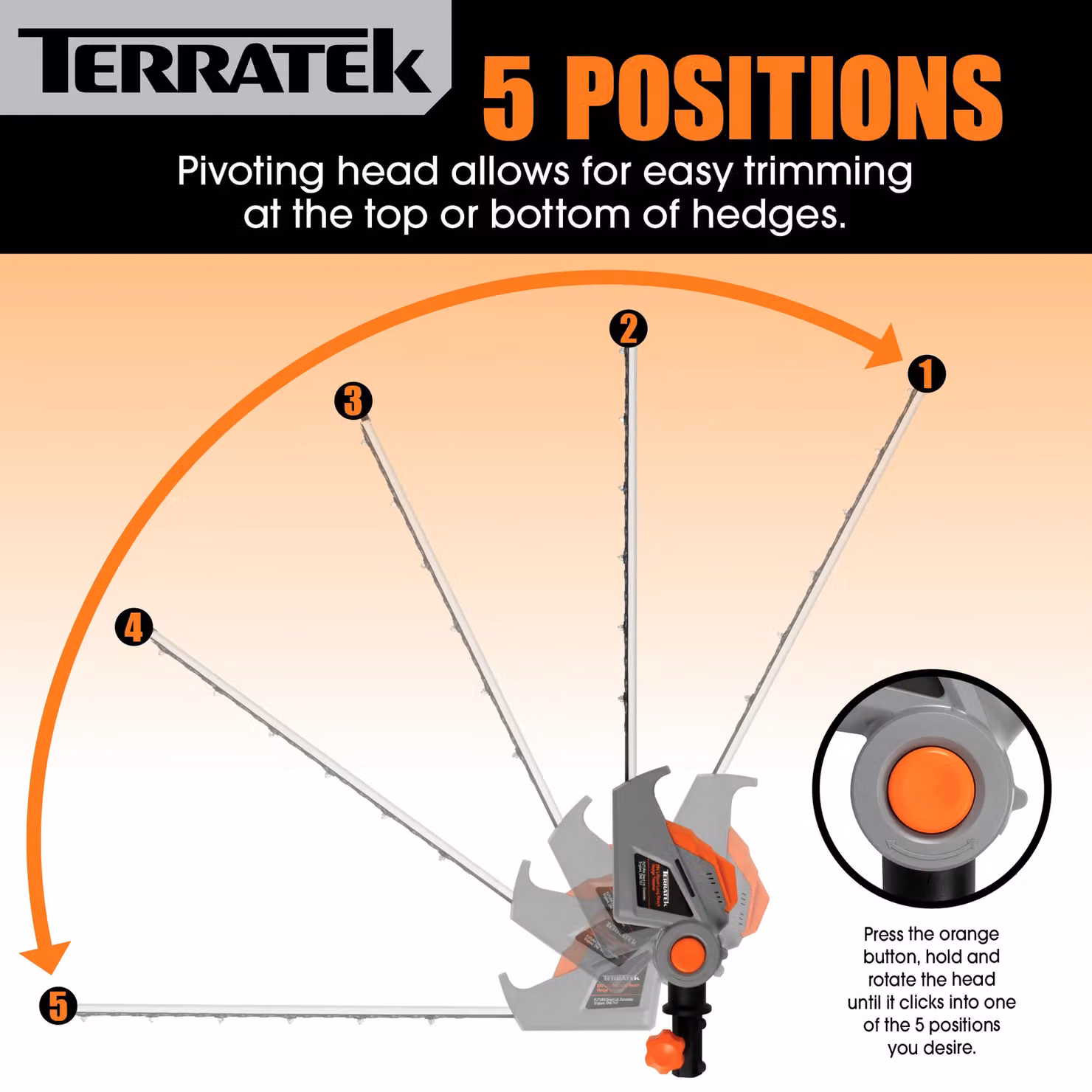 Terratek 20V 2.4m Telescopic Cordless Reciprocating Hedge Trimmer with Rechargeable Battery and Quick Charger, Orange – 5