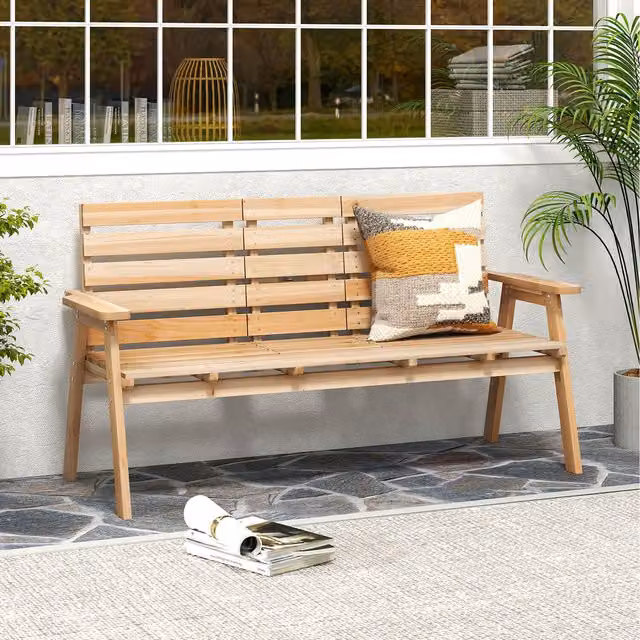 COSTWAY 2-3 Person Scandinavian Wood Garden Bench with Middle Table in Brown