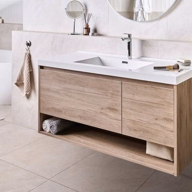 Wyld Haus Modern Wall-Mounted Bathroom Vanity Unit in Brown with Soft-Close Doors and Drawers, W/D/H: 120 x 55 x 50 cm