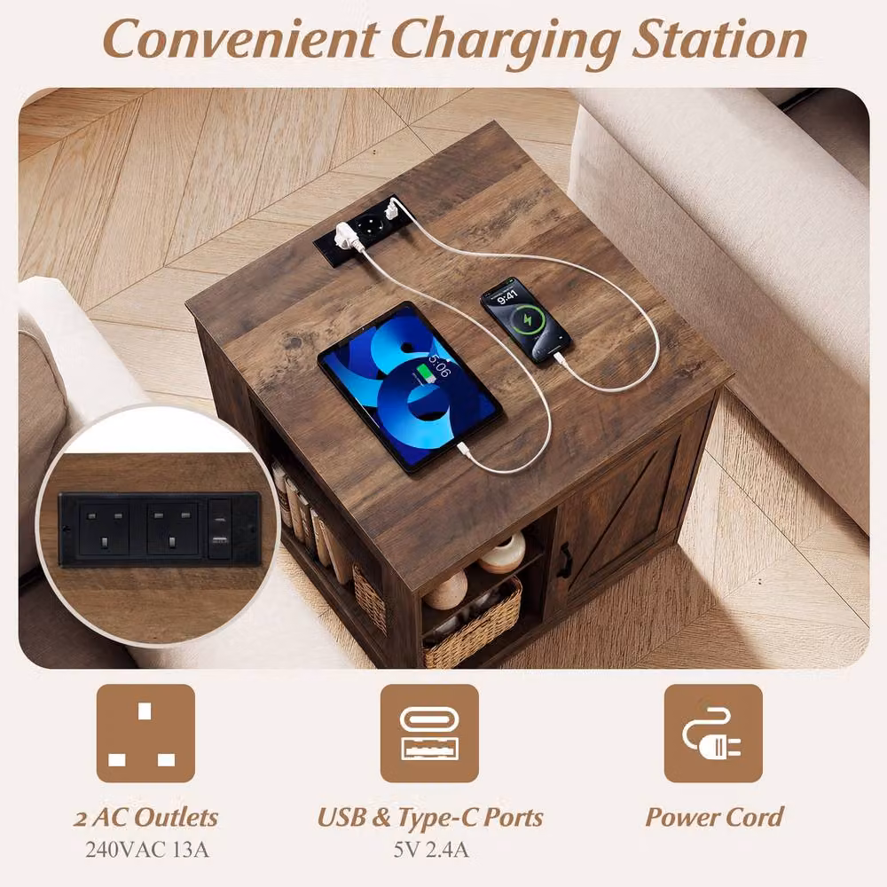 Costway Farmhouse Wooden Nightstand with Charging Station in Brown – 4