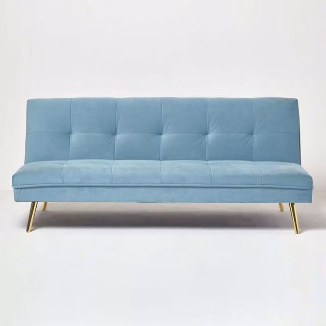 Homescapes Laurie Blue Velvet 3 Seater Click-Clack Sofa Bed W/D/H: 181 x 106 x 79 cm