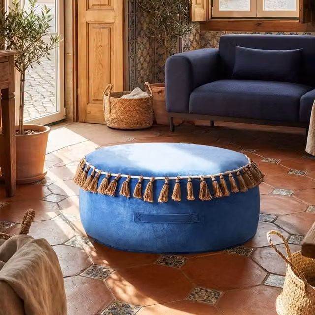 Wyld and Coco Blue Velvet Round Tasselled Pouffe Ottoman
