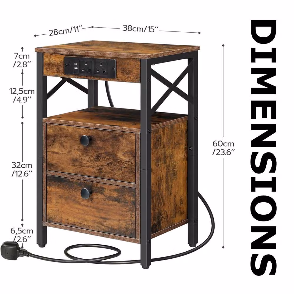 FURNOS Smart Bedside End Table with 2 Drawers and USB Ports in Brown – 6