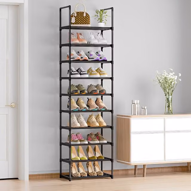 Livingandhome 10-Tier Metal Shoe Rack with Adjustable Shelves, Black