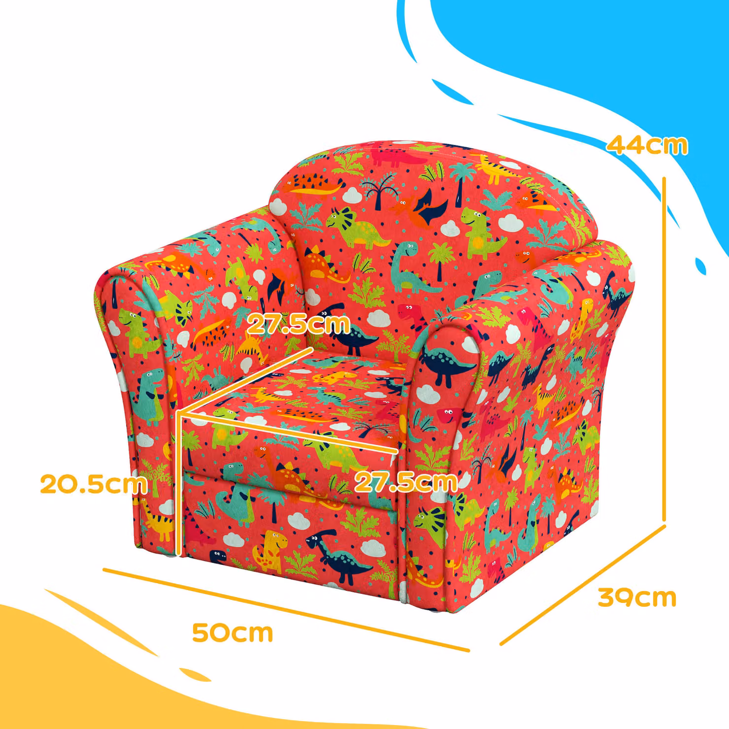 AIYAPLAY Kids Armchair with Dinosaur Design, Red Fabric and Solid Wood Frame – 3