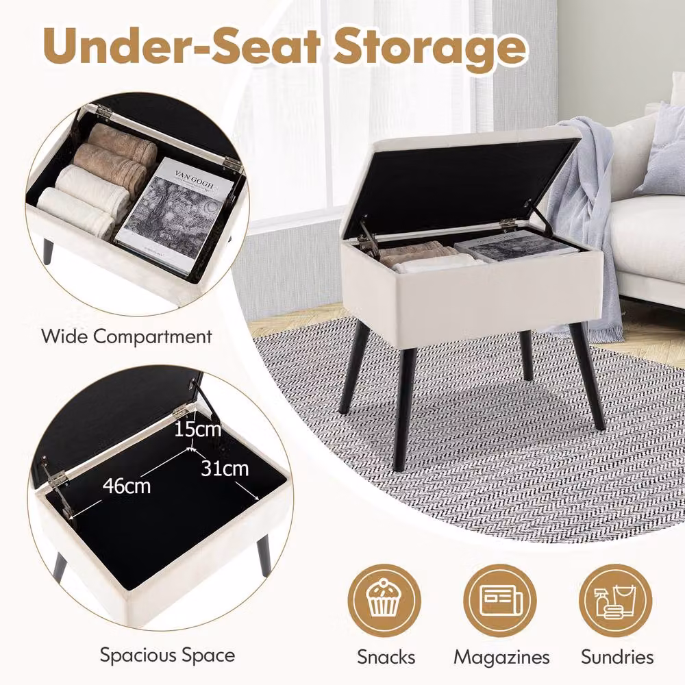 Costway Velvet Flip Top Storage Ottoman Stool with Solid Wood Legs in Beige – 4