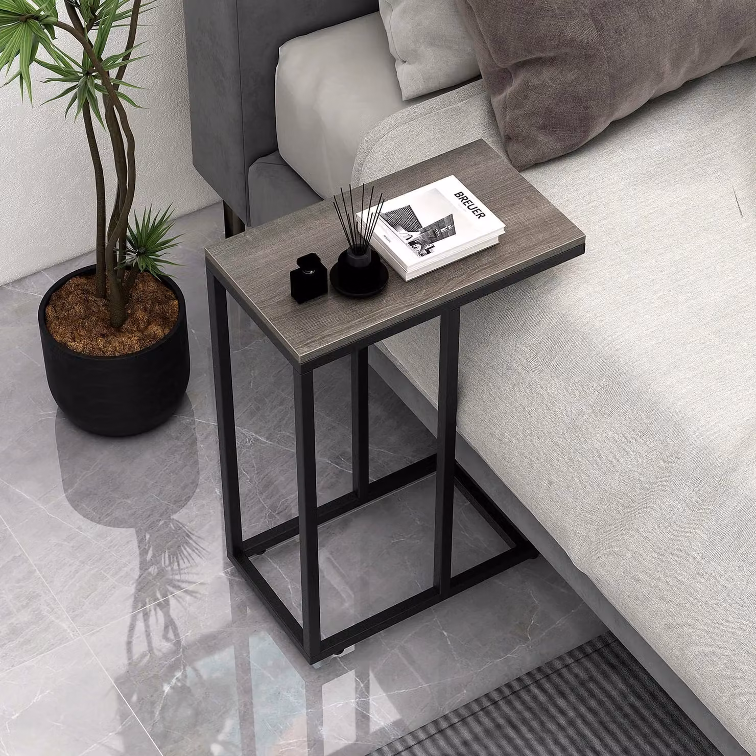 Gymax C-Shaped End Table in Grey with Metal Frame, Height: 64 cm – 2