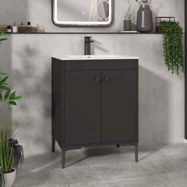 Royal Bathrooms Verona 600mm Matt Black Floor Standing 2 Door Vanity Unit with Carrara White Basin