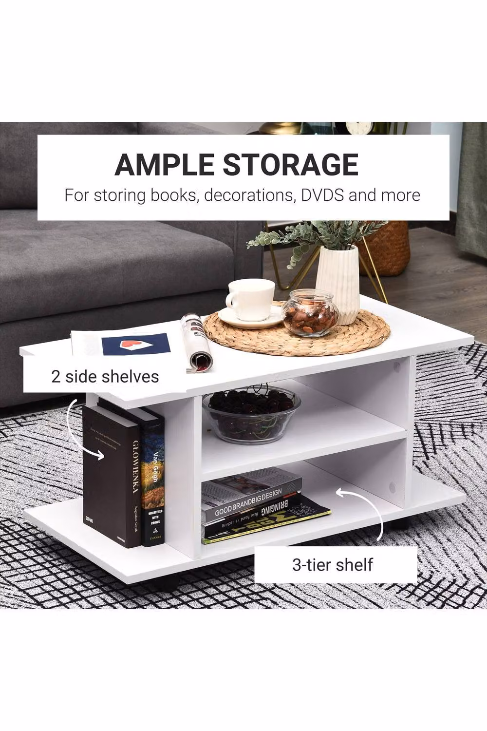 ERGOVEXA White Minimalist TV Cabinet Stand with Storage Shelves and Castors, W/D/H: 80.0 x 40.0 x 40.0 cm – 2
