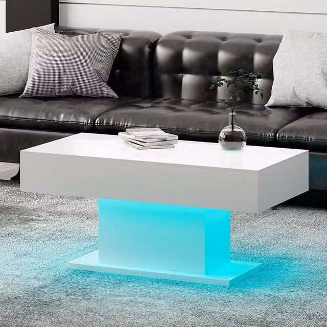 KEEPREAPER White High Glossy Rectangular Wooden LED Coffee Table