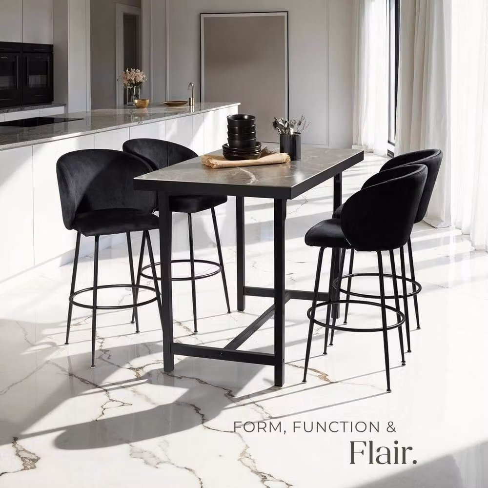 tectake Luana Bar Stool Set of 6 in Black Velvet and Metal – 6