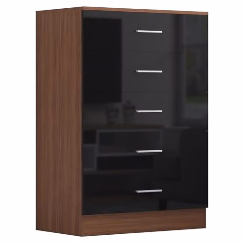 Reflect Modern Bedroom Furniture Set in Black Gloss and Walnut Finish featuring 2 Door Wardrobe, 5 Drawer Tallboy Chest and 2 Bedside Tables – 5