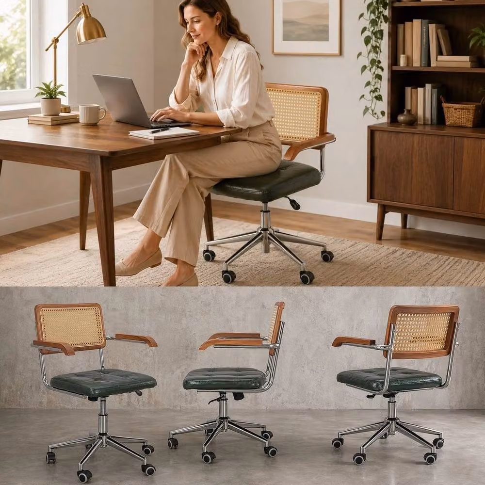 KORVIXA Modern Walnut Cane Backrest Office Task Chair with Armrests in Green and Multicolour – 4