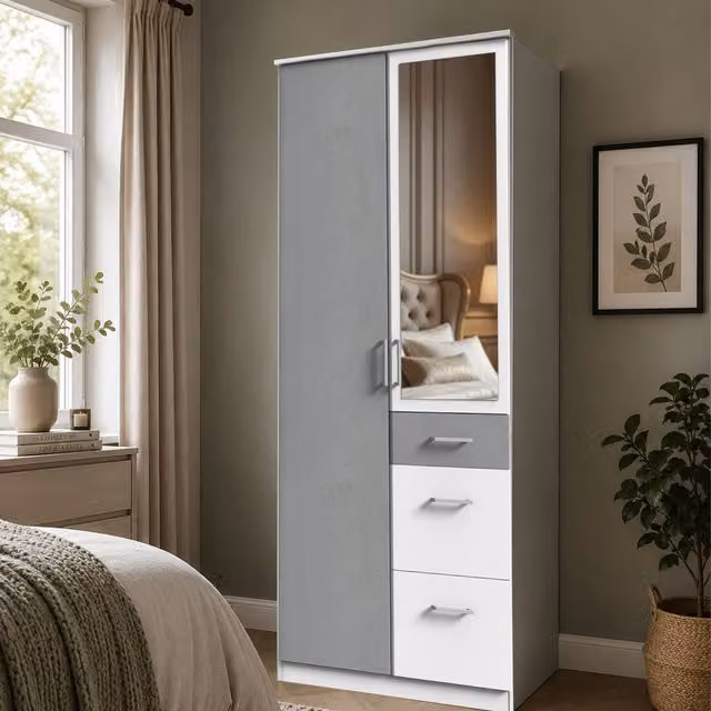 Click Modern 2 Door Wardrobe in White and Grey with Mirror, Width: 90 cm