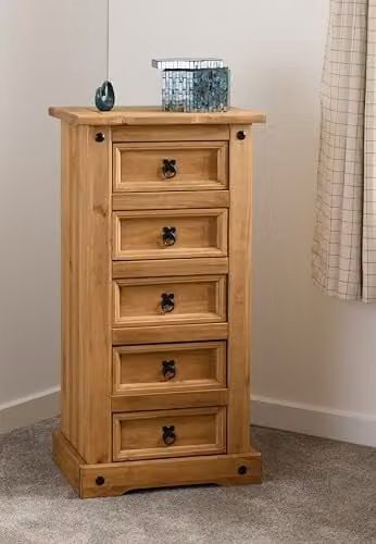 Seconique Corona 5 Drawer Narrow Chest in Brown Waxed Pine